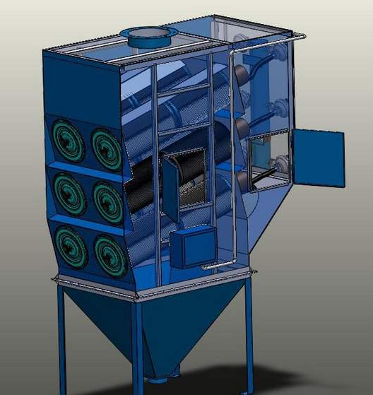 滤筒除尘器内部结构示意图，展示褶皱滤筒和脉冲清灰系统